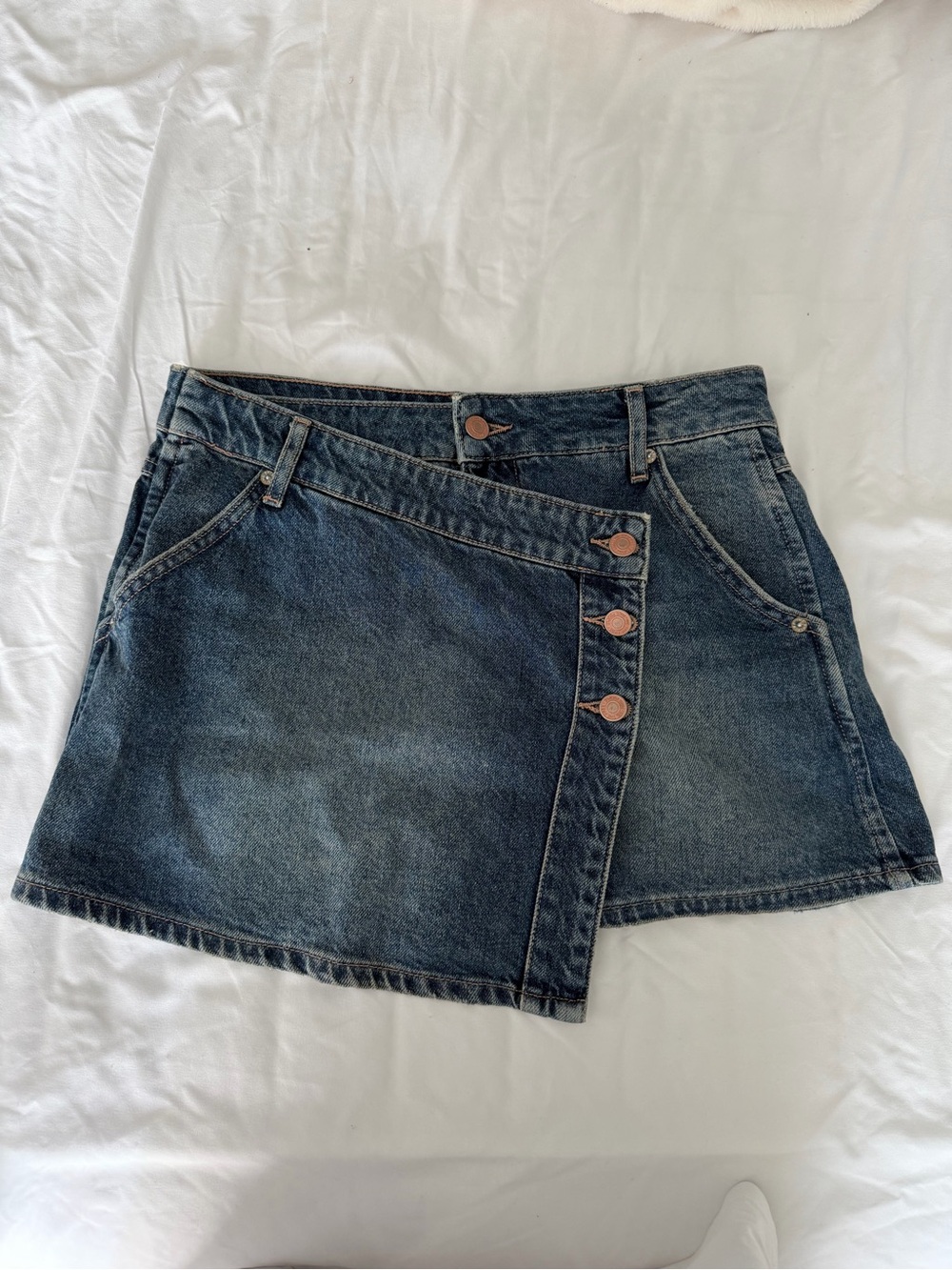 We The Free Dark Blue Asymmetrical Button Denim Mini Skirt